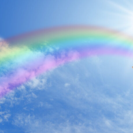 Hands, sun, blue sky and rainbow website banner